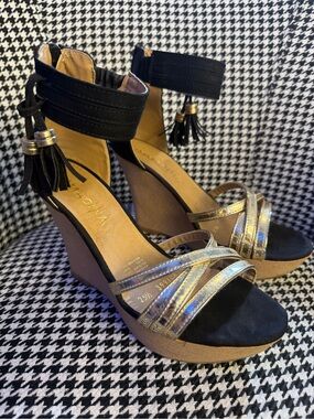 Black and Gold Wedge Sandals with Ankle Tassel